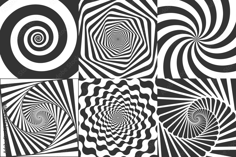 Hypnotic spiral. Swirl hypnotize spirals, vertigo geometric illusion and rotating stripes round pattern vector illustration set