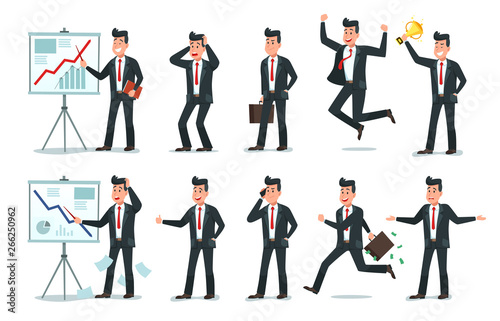 Businessman character. Office employee workers, tired finance worker and business characters cartoon vector illustration set