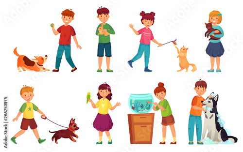 Kids with pets. Kid hug pet, child love animals and playing with dog or cute cat cartoon vector illustration set