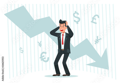 Stressful businessman. Falling profits, down arrow chart graph and bankrupt finance fall vector illustration