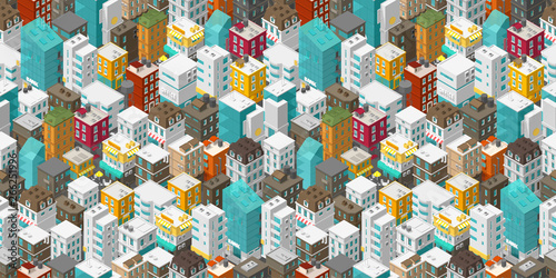 Buildings city seamless pattern. Isometric top view. Vector town city street. Multi-colored style rectangular background. Highly detailed.