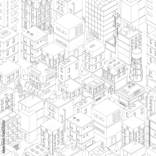 Buildings city seamless pattern. Isometric top view. Vector town city street outline. Gray lines contour style background. Highly detailed.