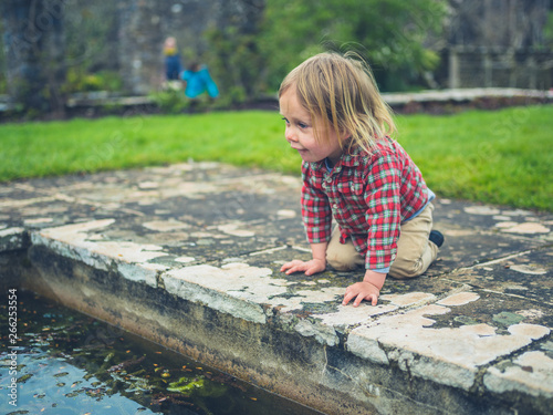 Little toddler looking at a pond