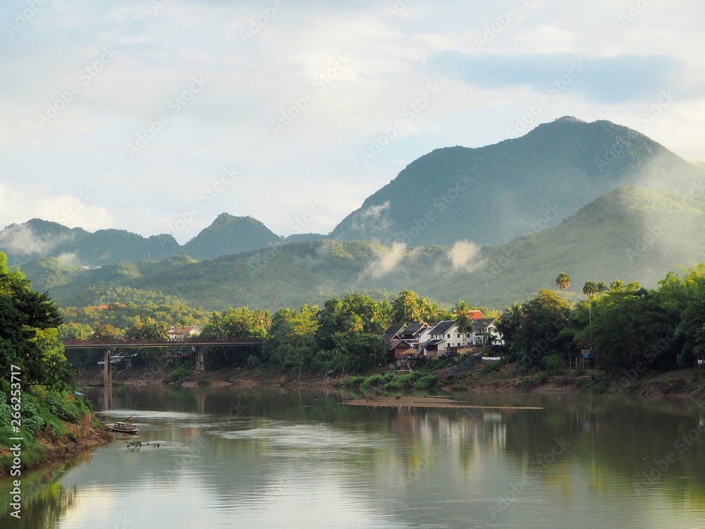 Landscape of the Mekong river and impressive hills in Luang Prabang