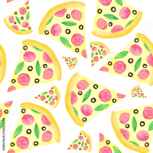  watercolor pattern with pizza, pieces of pizza, pizza inscription on white background