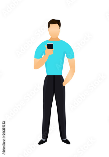 Young man holding a smartphone in hand. Graphic Design element for social media marketing, online chat, messaging, communication. Flat cartoon style vector illustration isolated on white background.