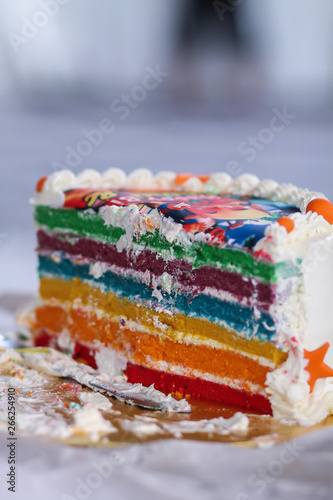Colorful cake slice on white table.
