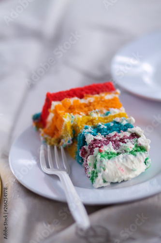 Colorful cake slice on white table.