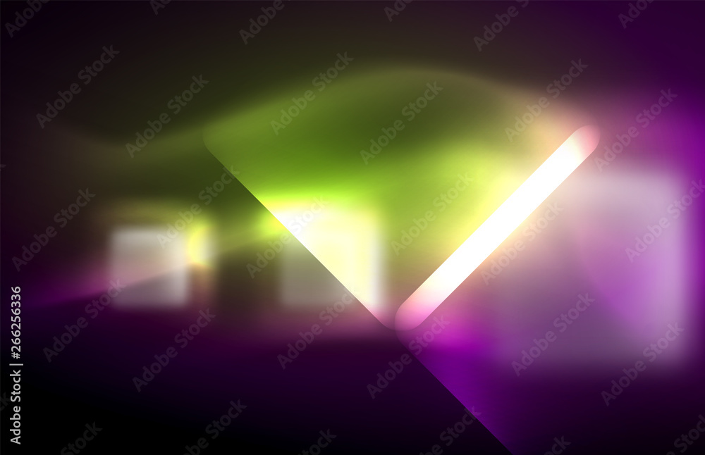 Neon square and line lights on dark background with blurred effects