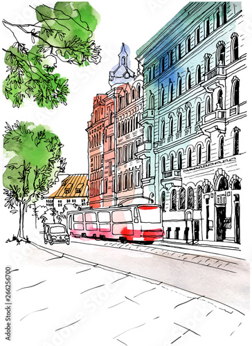 Old city street in hand drawn sketch style. Vector illustration. Small European city. Riga, Latvia. Vintage landscape on colorful watercolor background