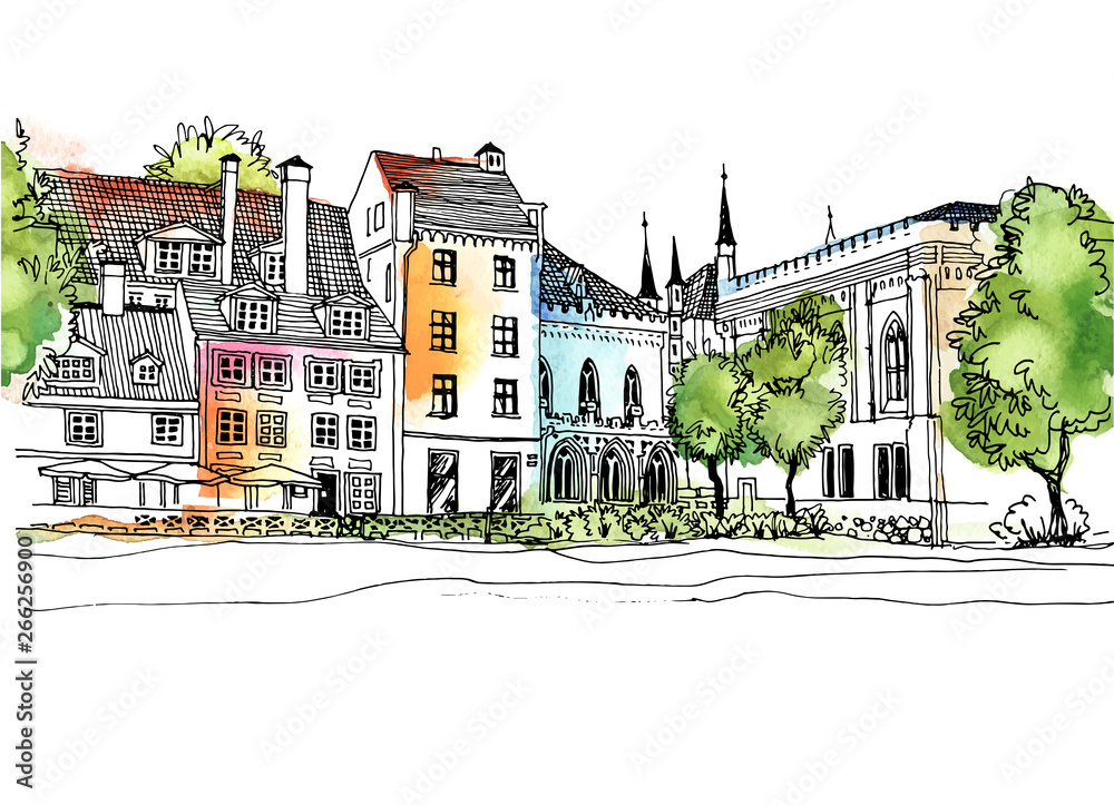 Old city street in hand drawn sketch style. Vector illustration. Small European city. Riga, Latvia. Vintage landscape on colorful watercolor background