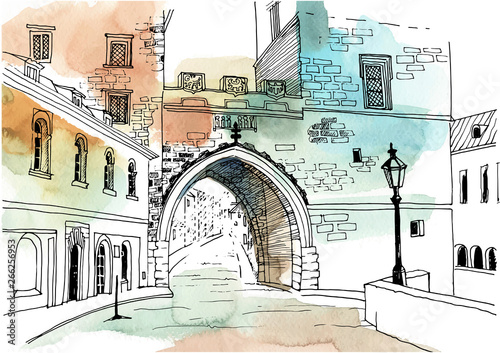 Urban sketch with landscape of the old European city. Old street and archway in hand drawn style on watercolor background.