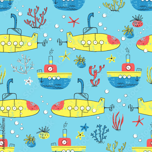 Bright children seamless pattern with the water transport and sea plants and animals