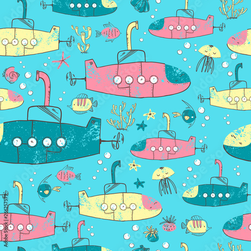 Bright children seamless pattern with the submarines and sea plants and animals.