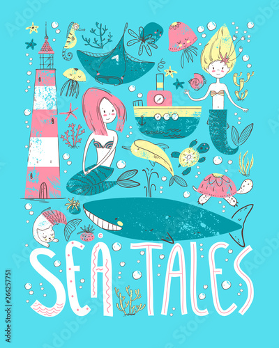 Poster sea tales with ocean symbols. Mermaids and sea animals, water transport and lighthouse.