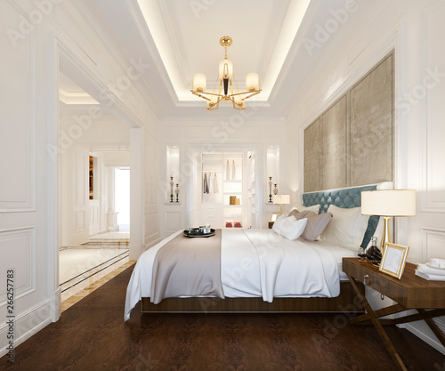 3d rendering luxury classic bedroom suite in hotel with wardrobe and walk in closet