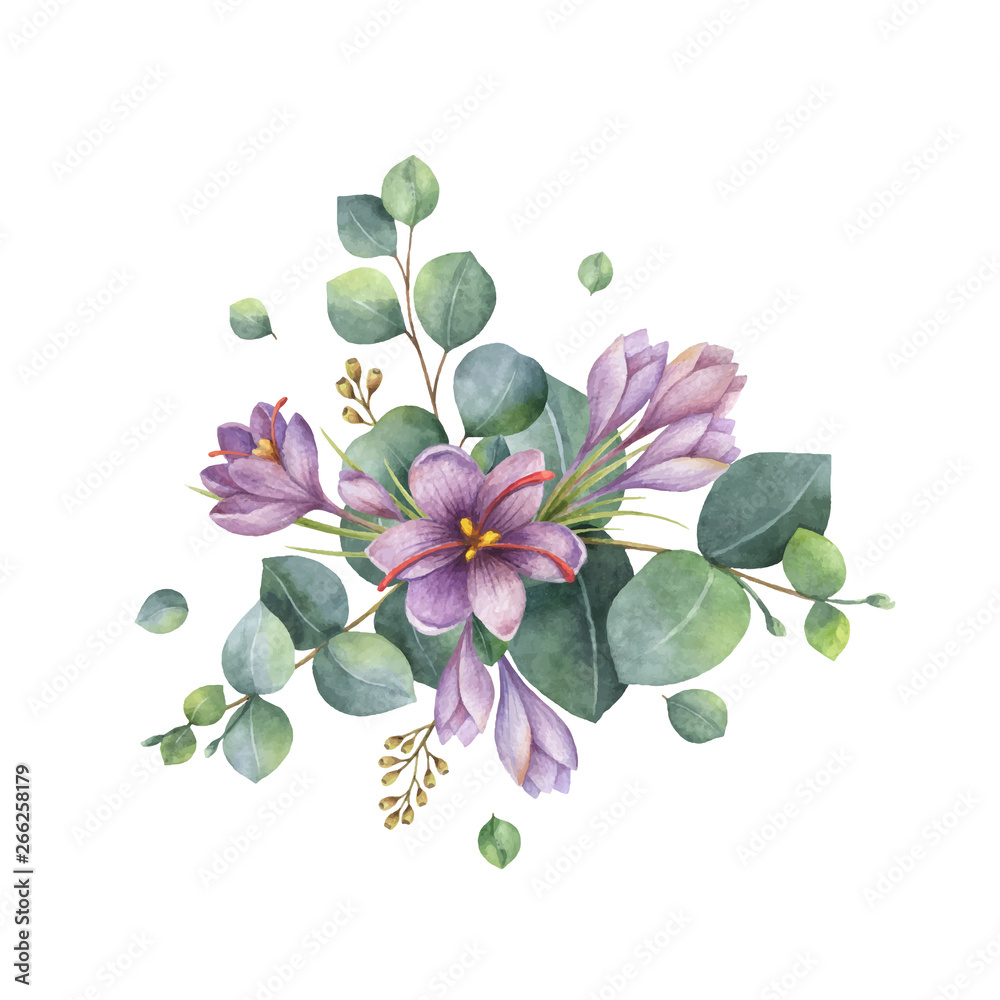 Watercolor vector bouquet with green eucalyptus leaves and flowers of ...