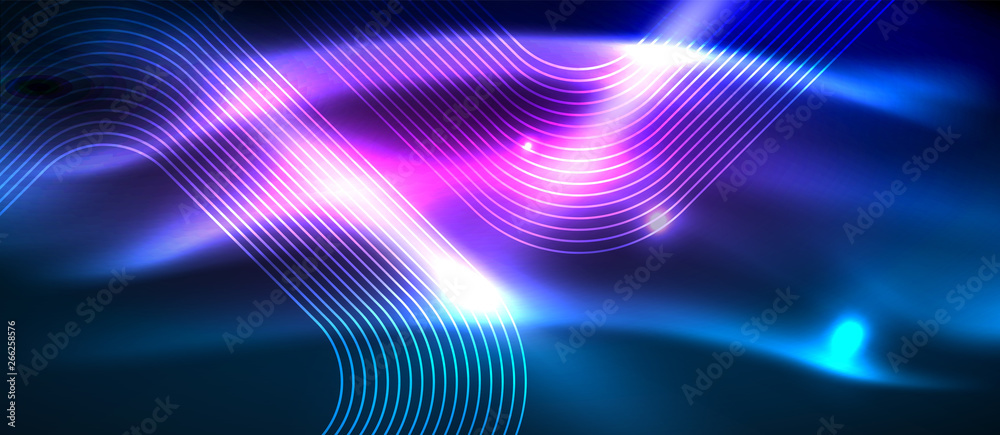 Neon glowing techno lines, hi-tech futuristic abstract background template with square shapes Neon glowing techno lines, hi-tech futuristic abstract background template with square shapes