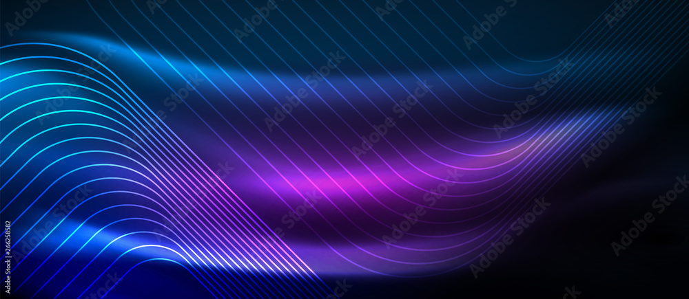 Neon glowing techno lines, hi-tech futuristic abstract background template with square shapes Neon glowing techno lines, hi-tech futuristic abstract background template with square shapes