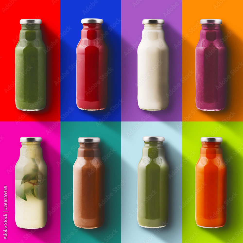 Bottles on colored backgrounds Bottles on colored backgrounds