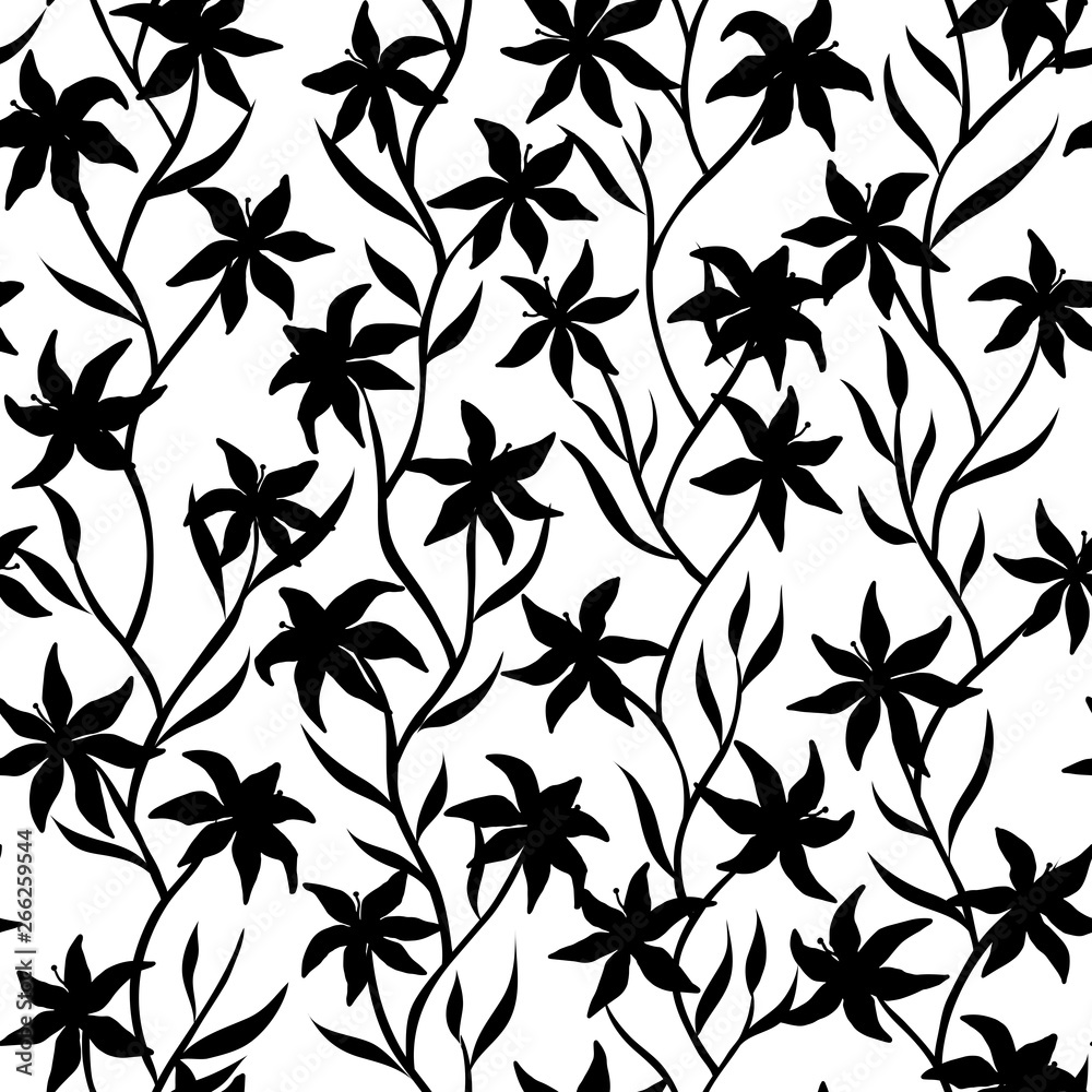 Tiger Lily Seamless pattern. Black and white lily flower design with ...