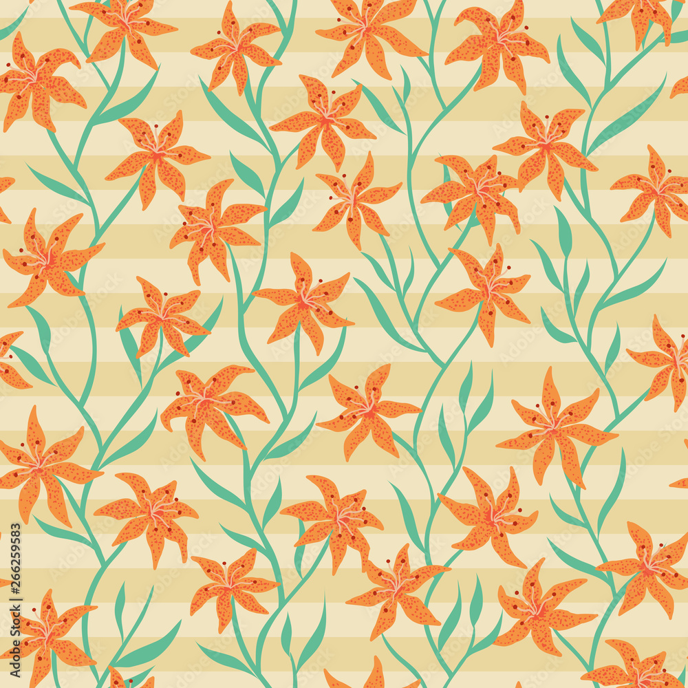 Tiger Lily Seamless pattern. Abstract lily flower design with wavy vertical stem and leaf. Vector illustration background for interior, fashion, textile, surface, web, home decor and graphic design. Tiger Lily Seamless pattern. Abstract lily flower design with wavy vertical stem and leaf. Vector illustration background for interior, fashion, textile, surface, web, home decor and graphic design.