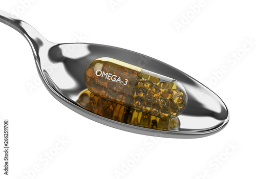  3d render of omega-3 capsule on spoon over white photo