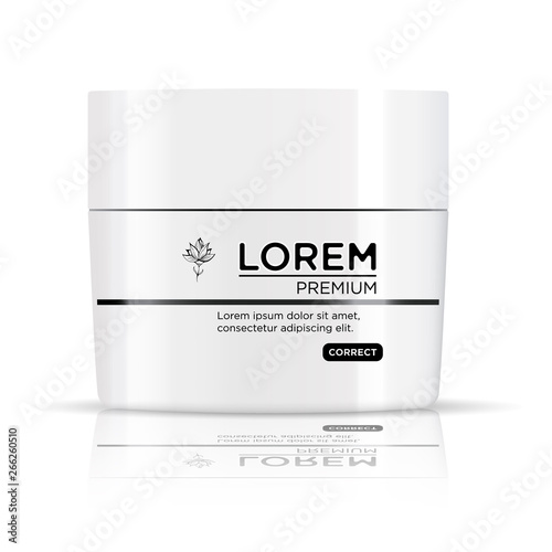 Round white plastic jar with white lid for cosmetics - body cream,  butter, scrub, bath salt, cream, gel, skin care, powder. Realistic packaging mockup template.  Side view. Vector illustration.