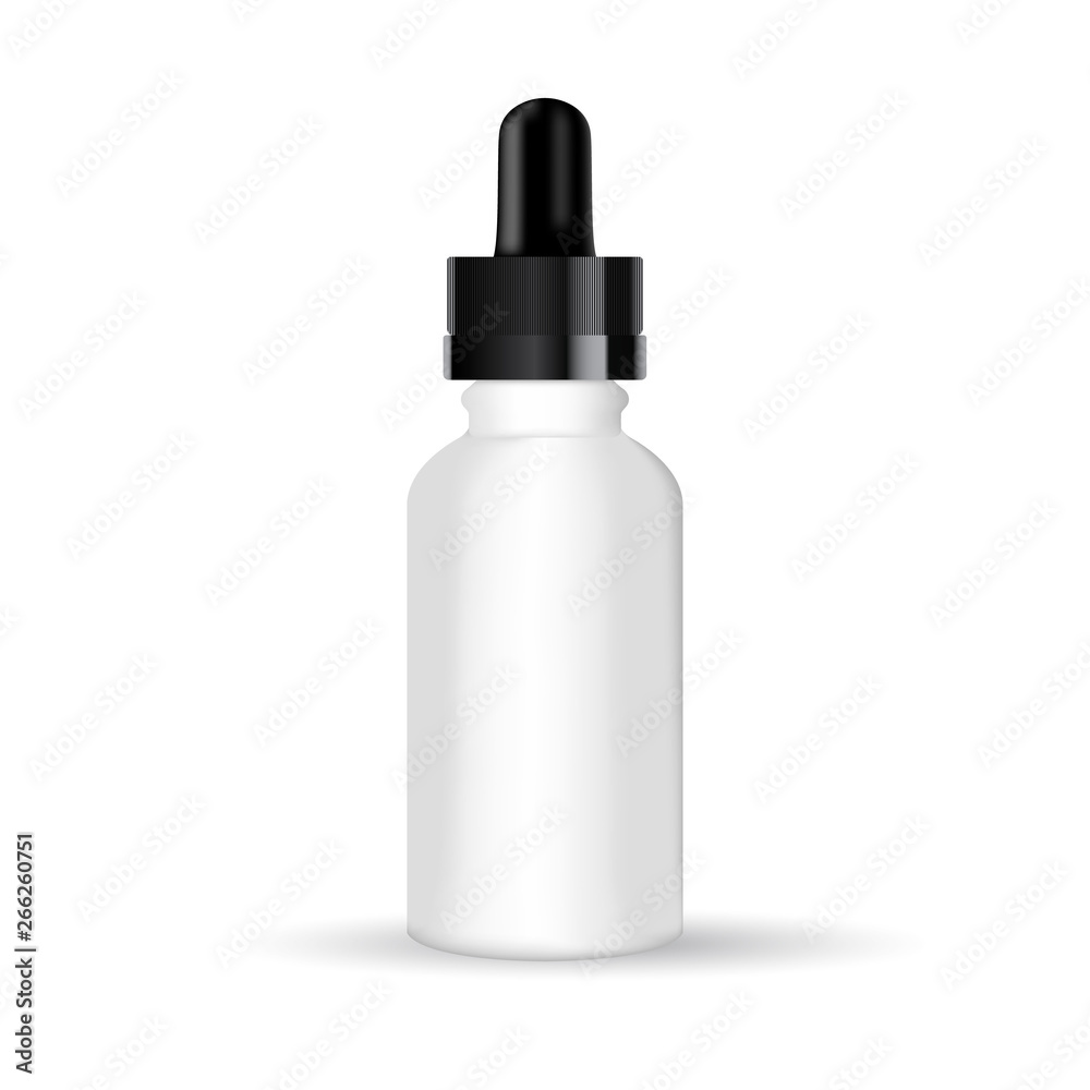 Realistic glass bottle with dropper. Cosmetic flask or vials for aroma oil, anti-aging essential for beauty, vape e-cigarette liquid. Mock up vector flacons illustration isolated on white background Realistic glass bottle with dropper. Cosmetic flask or vials for aroma oil, anti-aging essential for beauty, vape e-cigarette liquid. Mock up vector flacons illustration isolated on white background