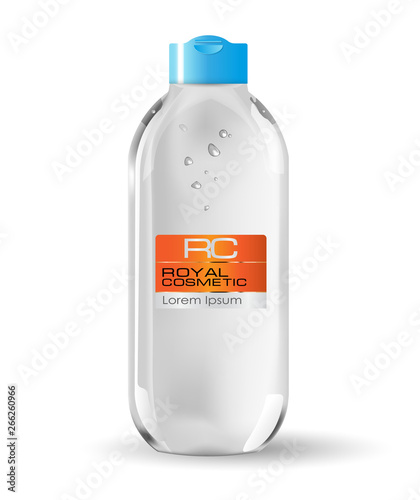 Cosmetic plastic bottle with blue lid (transparent).  Liquid container for gel, micellar water, lotion, cream, shampoo, bath foam.  Beauty product package. Vector illustration. Design cosmetic  produc