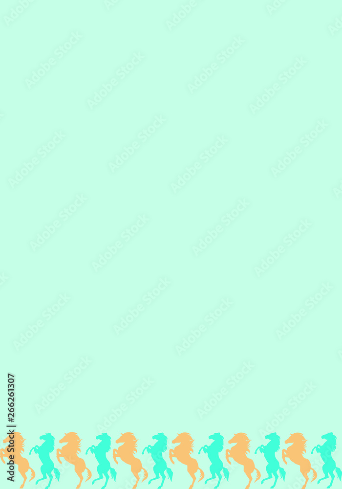 Blue and orange horses in row at bottom, greeny blue background Blue and orange horses in row at bottom, greeny blue background