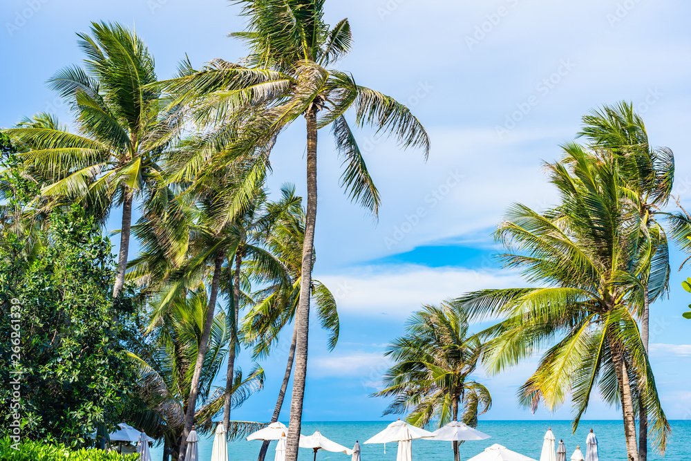 Fototapeta premium Beautiful outdoor nature with umbrella chair and coconut palm tree around swimming pool in hotel and resort