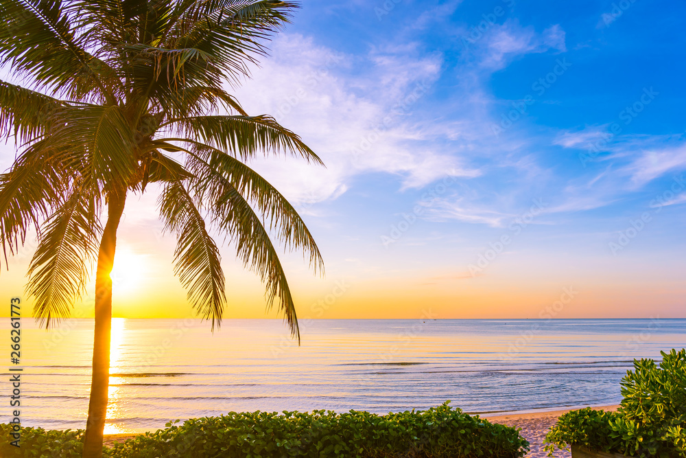 Beautiful outdoor nature landscape of sea and beach with coconut palm tree