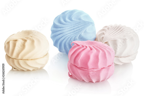 Delicious sweet dessert colorful zephyr marshmallows, isolated on white background
