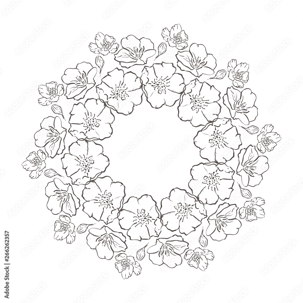 Vector Monochrome Floral Background. Hand Drawn Ornament with Floral Wreath. Template for Greeting Card. background with circle frame