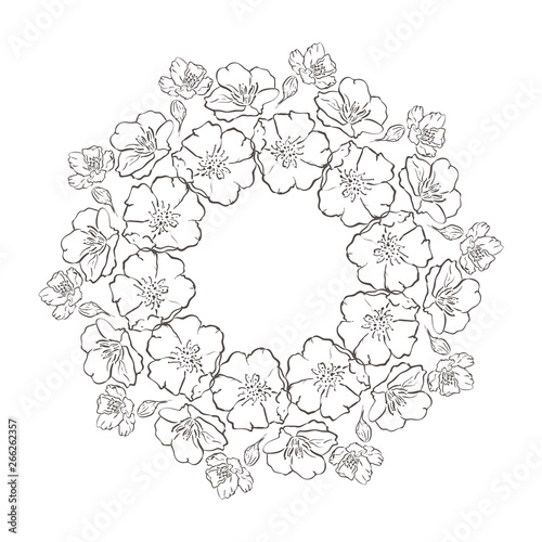 Vector Monochrome Floral Background. Hand Drawn Ornament with Floral Wreath. Template for Greeting Card. background with circle frame