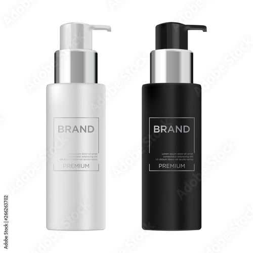 Round white and black glossy plastic bottle with dispenser for  liquid soap, shampoo, shower gel, lotion, body milk.  Realistic packaging mockup template. Side view.  Vector illustration.