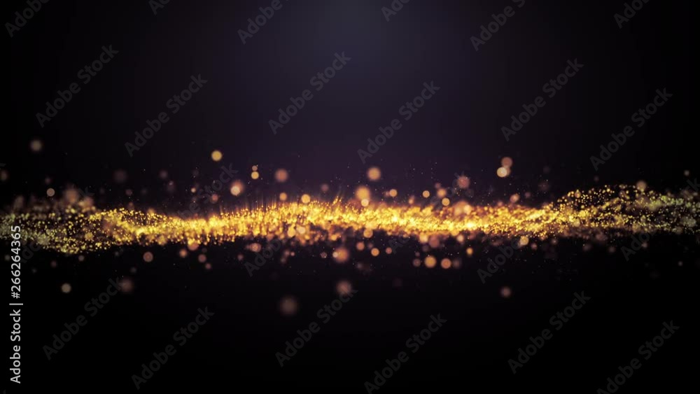 Abstract rendered Loop Particles gold glitter on black background.