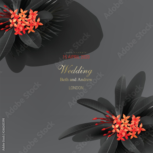 Tropical black leaves and exotic red flower on dark background vector poster Beautiful botanical design with tropic jungle plant golden inscription Wedding ceremony invitation card, christmas greeting