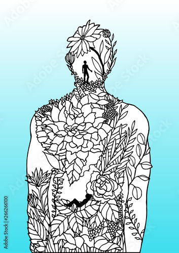 Human body flower man inside spirit power energy vector abstract art illustration design hand drawn