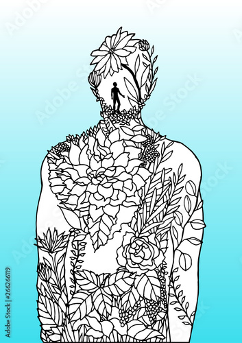 Human body flower man inside spirit power energy vector abstract art illustration design hand drawn