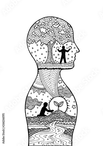 Human head man inside planting tree spirit power energy vector abstract art illustration design hand drawn