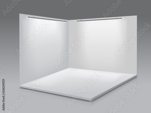 Blank display exhibition stand. White empty panels, Podium for presentations on the gray background 3d photo