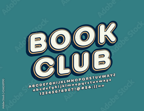 Vector trendy logo Book Club with isometric vintage Font. 3D retro Alphabet Letters, Numbers and Symbols