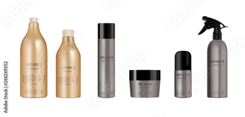 Round gold, grey and silver plastic bottle set with dispenser for  liquid soap, lotion, shampoo, shower gel, lotion, body milk.  Realistic packaging mockup template. Side view. Vector illustration.