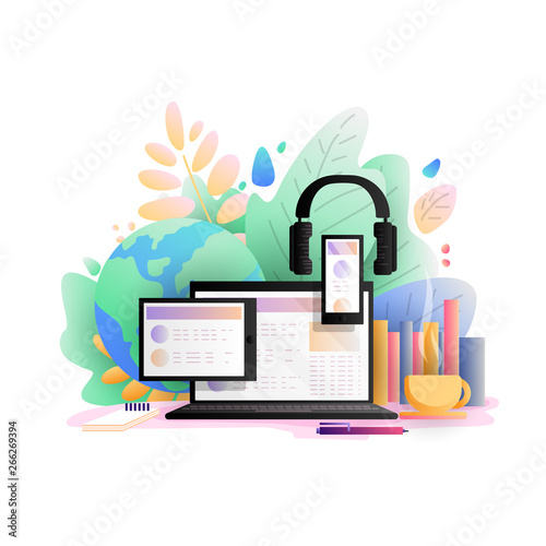 Online education concept, vector illustration. Study, learning online with laptop, tablet, smartphone and headphones from home. Cozy online learing and education with cup of tea and learning books