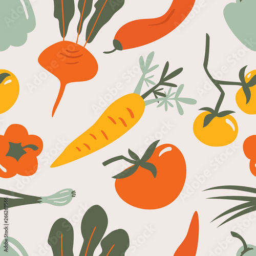 Food doodle seamless vector pattern for kitchen wallpaper, textile, fabric, paper. Flat hand drawn vegetables background for Vegan, farm, eco design