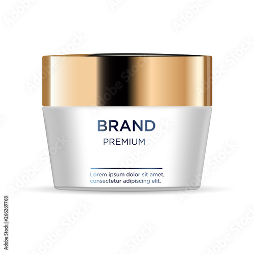 Round white plastic jar with  gold lid for cosmetics - body cream,  butter, scrub, bath salt, gel, skin care, powder. Realistic packaging mockup template.  Side view. Vector illustration.