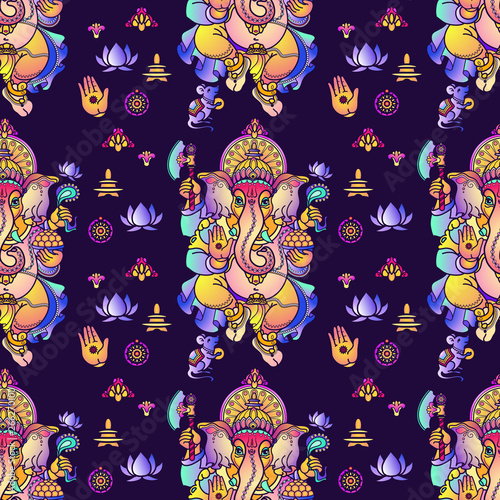 Hindu God Ganesha and Indian symbols. Vector seamless pattern.