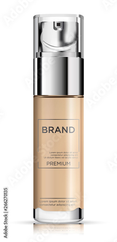 Round beige glossy plastic bottle with dispenser for  liquid soap, shampoo, shower gel, lotion, foundation, body milk.  Realistic packaging mockup template. Side view.  Vector illustration.